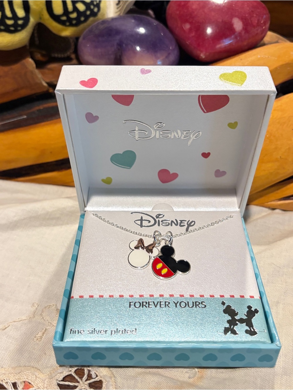Disney Forever Yours Mickey&Minnie Mouse Charm Necklace Fine Silver Plated NEW